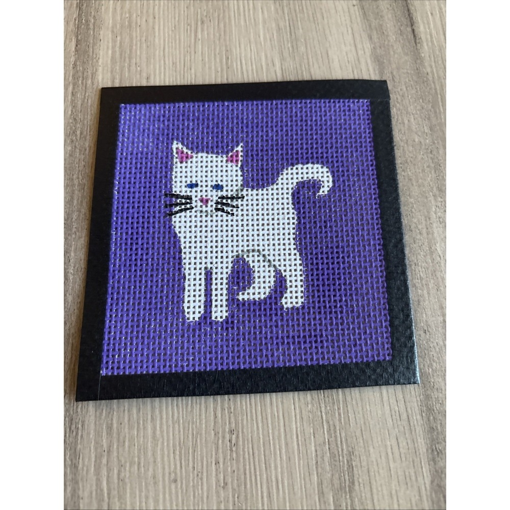 Handpainted Needlepoint cross stitch Canvas Purple White Cat 13 Mesh 4.5" x 4.5"